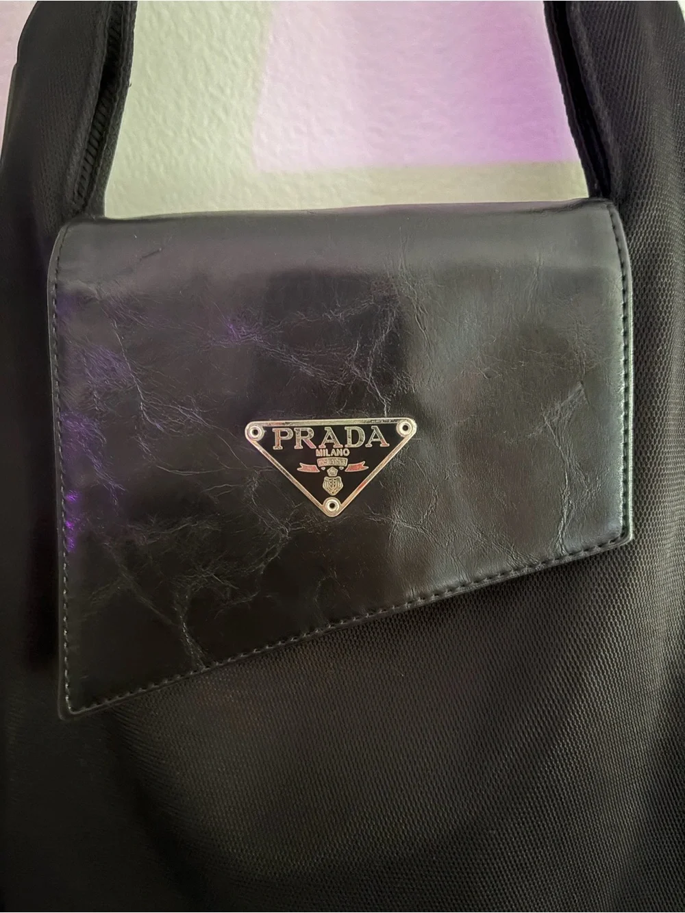 Prada Black Shoulder Bag with Silver Logo Plaque